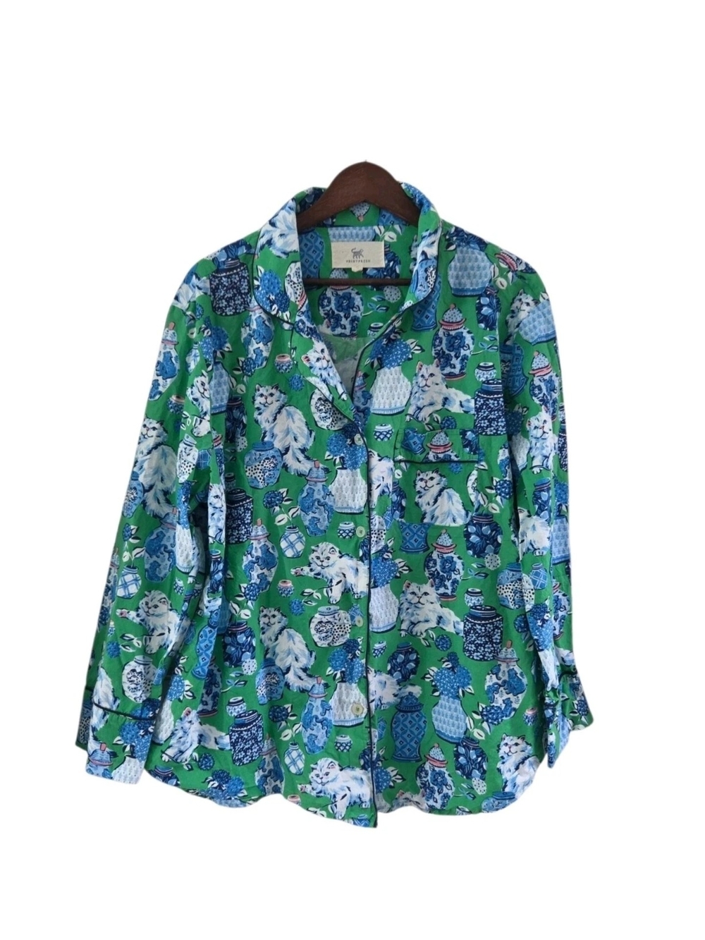 Printfresh Fancy Cat White Green Jars Button Front Long Sleeves Pajama Top XL